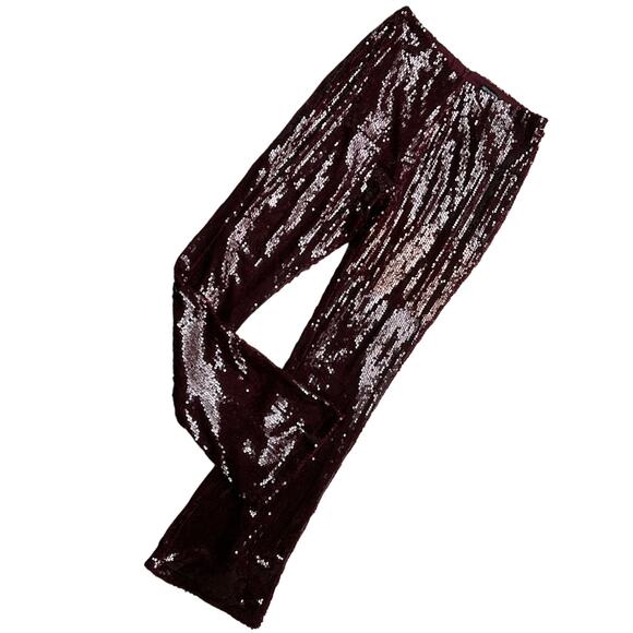 Pretty Little Thing Oxblood Red Sequin Flared Leg Pants US Size 4 - Picture 1 of 8